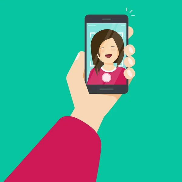 Selfie a través de teléfono inteligente haciendo una foto de sí mismo vector de ilustración, dibujos animados plana joven feliz chica con el teléfono móvil en la mano hacer foto — Vector de stock