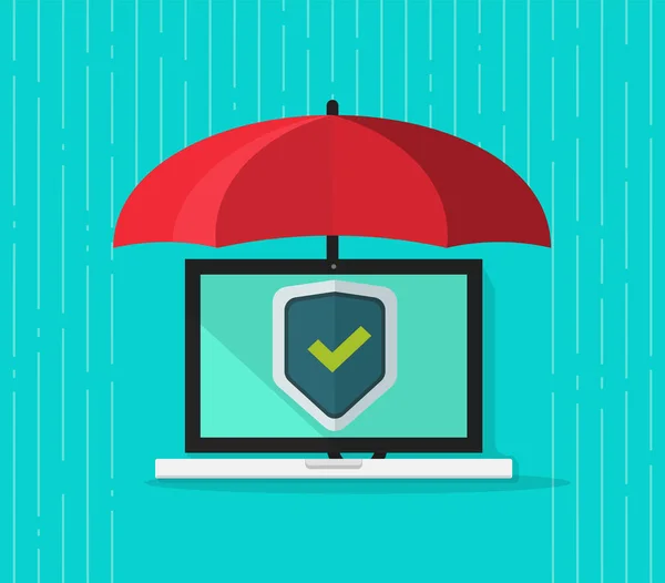 Computer protection concept vector, flat cartoon laptop pc under umbrella and protecting shield on screen, antivirus banner, information safety, digital data privacy, malware security — Stock Vector