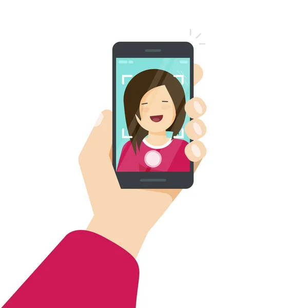 Selfie a través de teléfono inteligente, foto de sí mismo ilustración vectorial, dibujos animados plana joven feliz chica con el teléfono móvil en la mano haciendo auto foto clipart aislado en blanco — Vector de stock