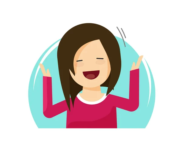 Feliz mujer sorprendida vector ilustración, dibujos animados plana emocionado persona alegre con sonrisa en la cara, manos arriba, emoción felicidad — Vector de stock