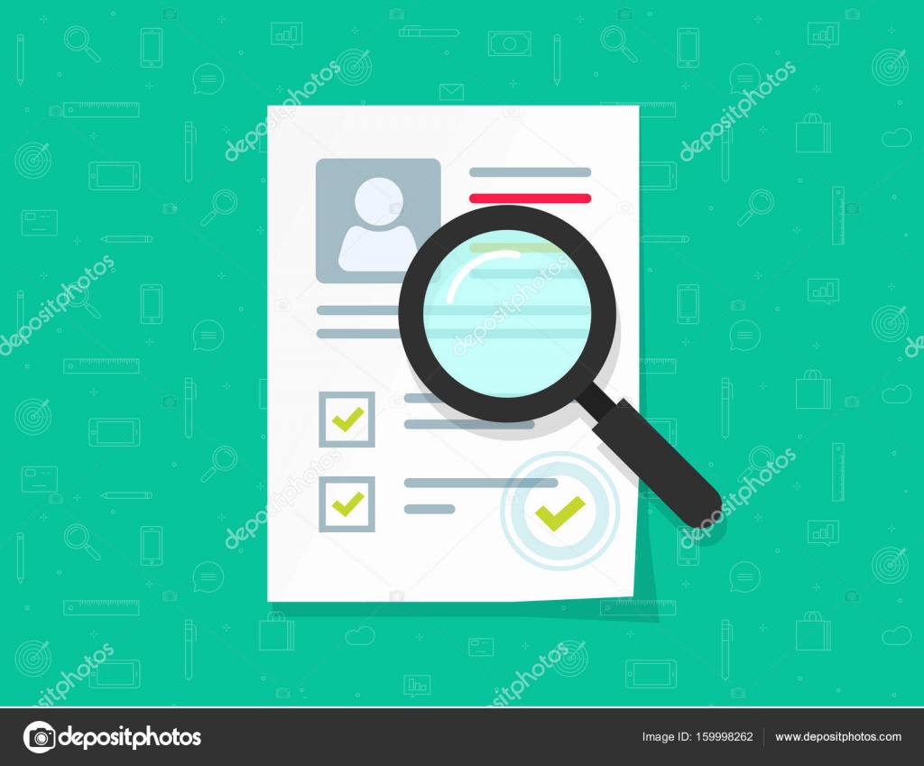 Vektor for menneskelige ressurser, papir med flat tegneserie med  personopplysninger, godkjent stempel, ideen om rekrutteringsforskning,  ansettelsesledelse for de ansatte, intervju, illustrasjon på cv-ark  stockvektor © vladwel #159998262, image size:1024x849