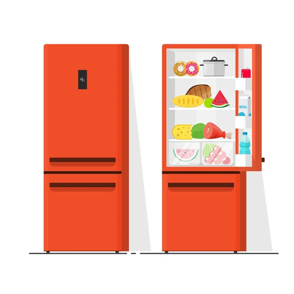 Refrigerador vector ilustración, dibujos animados plana nevera abierta y cerrada, refrigerador lleno de alimentos aislados — Archivo Imágenes Vectoriales