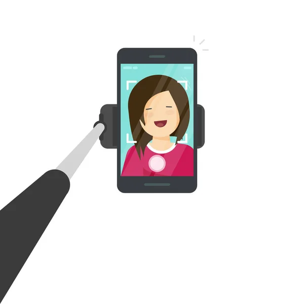 Vara de selfie com ilustração de vetor de smartphone, telefone celular de desenho animado plano com foto de selfie de menina feliz ou mulher isolada — Vetor de Stock