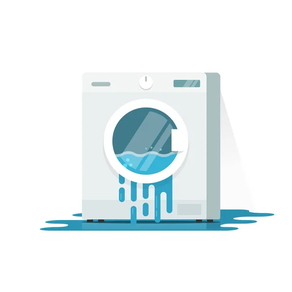 Máquina de lavar roupa quebrada vetor ilustração, desenho animado plana arruela danificada com água corrente no chão precisa de reparação isolada —  Vetores de Stock