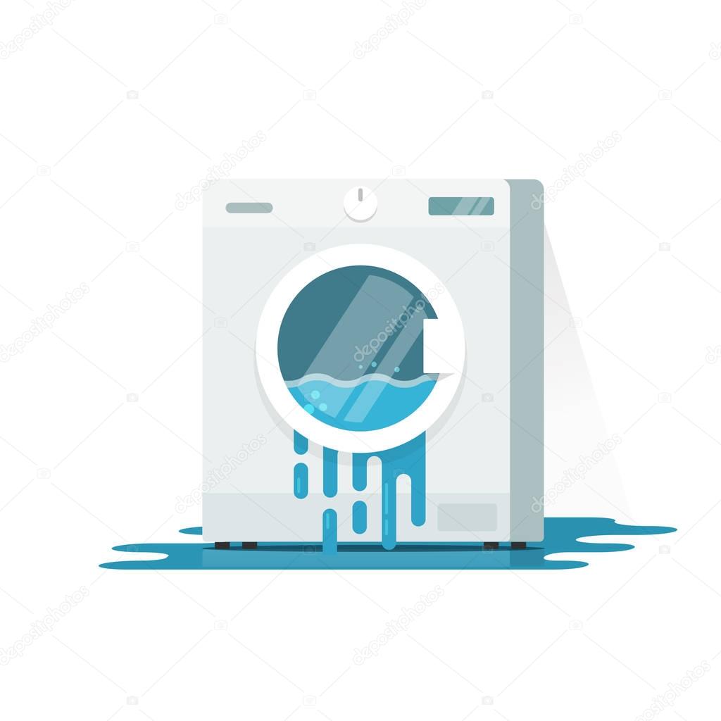 Broken washing machine vector illustration, flat cartoon damaged washer with flowing water on floor need repair isolated