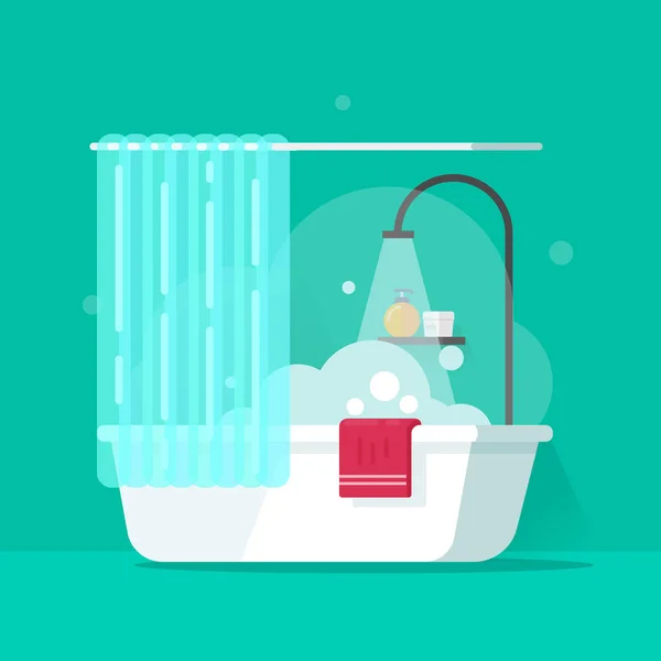 Bathroom vector illustration, flat cartoon bath water flowing from shower and foam bubbles, bathtub — Stockvector