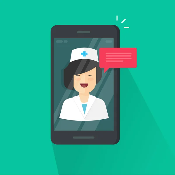 Médico on-line na ilustração do vetor do celular, plana cartoon mulher médico respostas via telefone celular tecnologia de vídeo on-line, remoto consulta médica smartphone, mensagem de bate-papo telemedicina —  Vetores de Stock