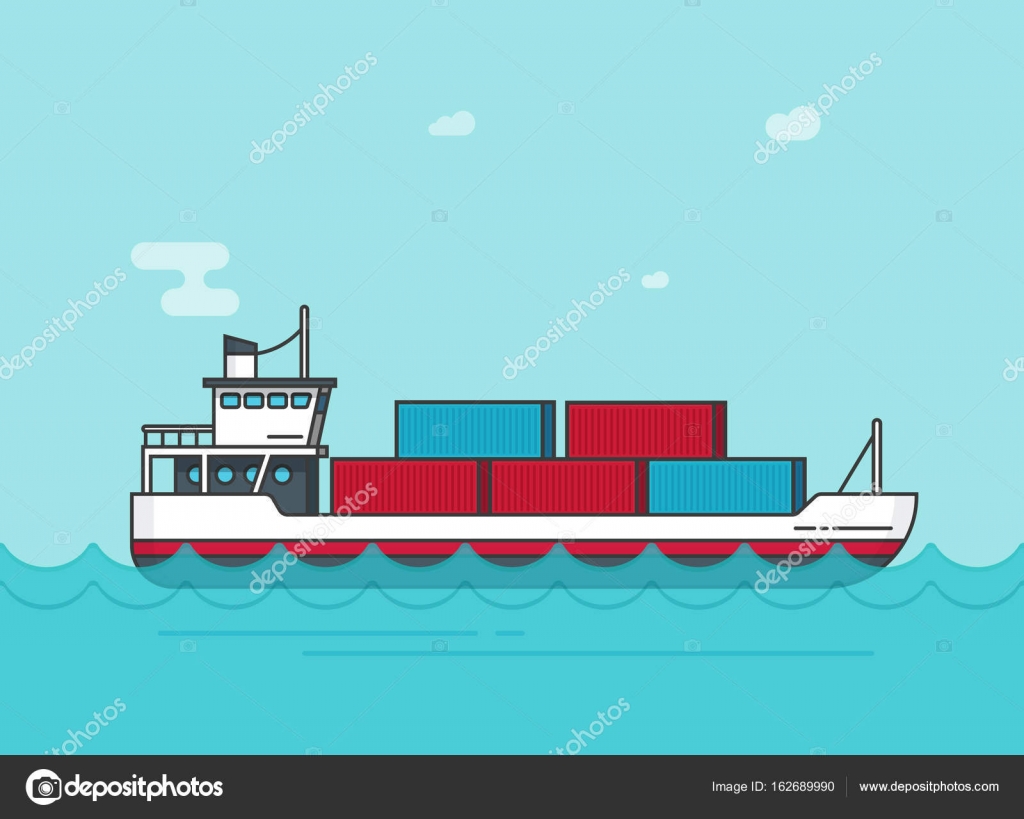 Lading schip drijvend op oceaan water vectorillustratie, vlakke cartoon  verzendkosten groot vrachtschip boot op sear golven uitvoering van cargo  containers lijn overzicht, groot schip stockvector door ©vladwel 162689990