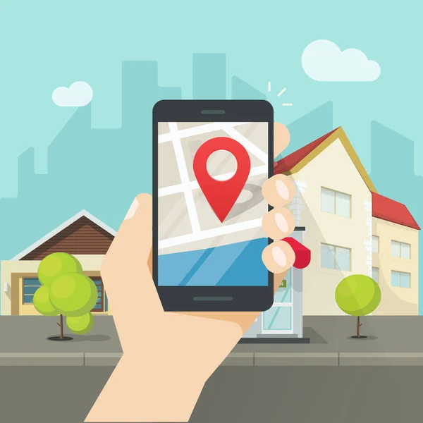 Mobiler Stadtplan Standort, Smartphone GPS Navigator Stadt Roadmap Pin — Stockvektor