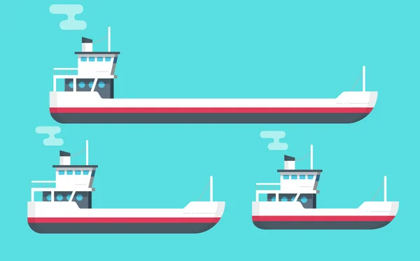 Conjunto de ilustrações vetoriais de barcos, desenhos animados planos pequenos, grandes navios de transporte, navio de carga vazio e pequena balsa ou barco de pesca isolado — Vetor de Stock