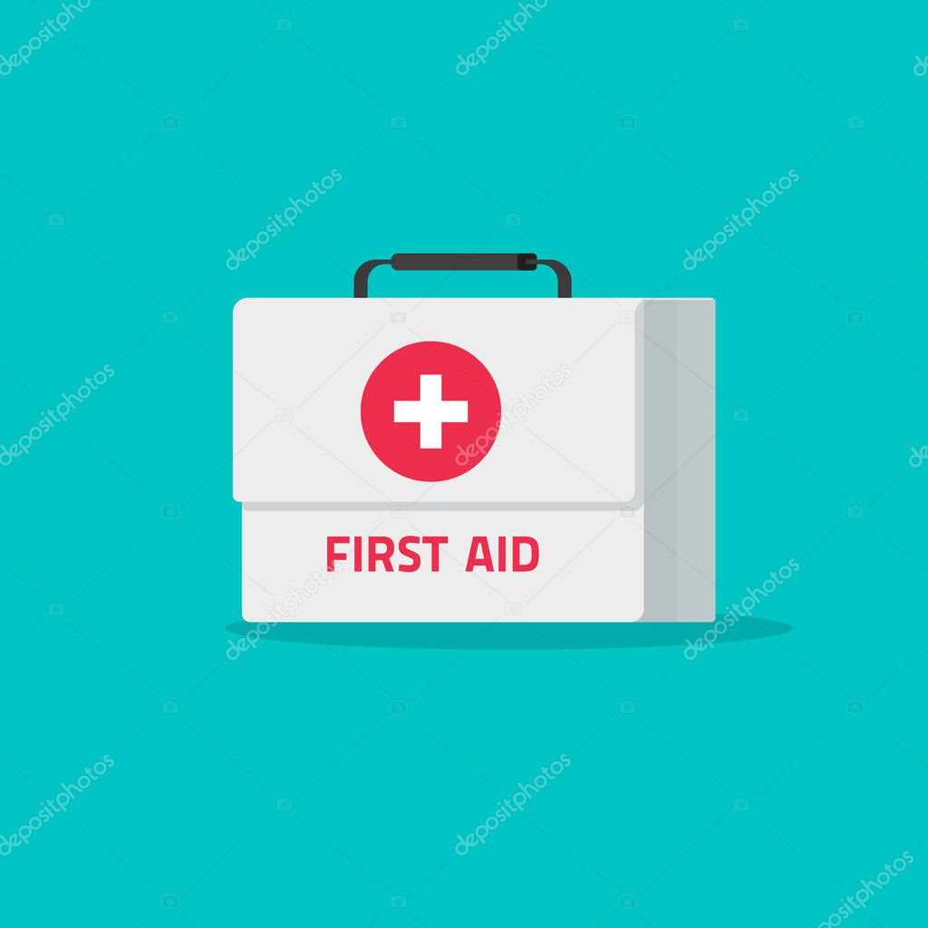 First aid kit isolated vector illustration, flat cartoon medical or pharmacy emergency kit icon, physician healthcare bag pack idea, medic box