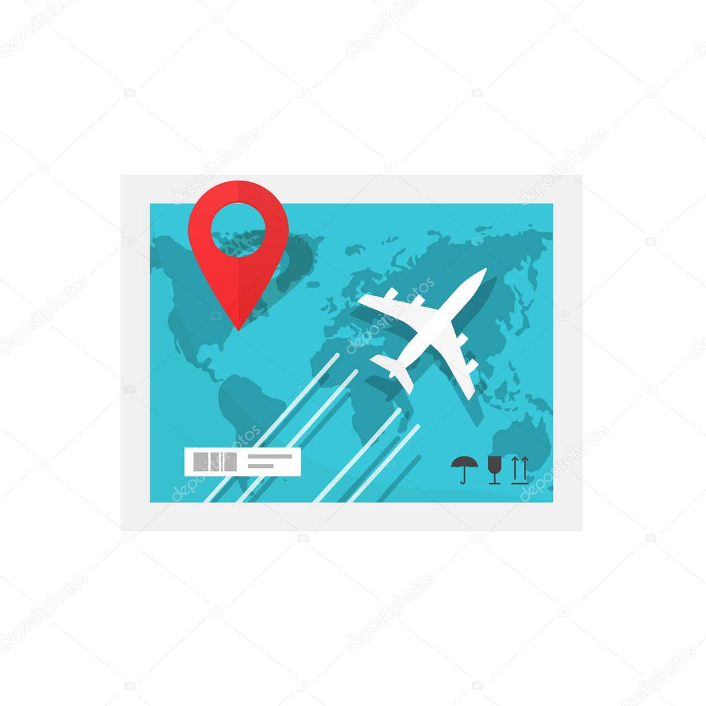 Air delivery service concept, flat cartoon plane flying under world map and pin pointer, cargo or freight transportation by airplane, global shipping logistic vector illustration