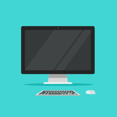 Renk arka plan düz çizgi film, bilgisayar işyeri, tablo, çalışma masası pc ile çalışma fikri üzerinde izole monitör klavye ve fare vektör çizim