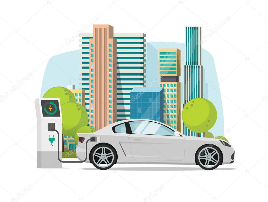 Electric car charging from charger station near city vector illustration, concept of eco city with modern automobile, flat cartoon
