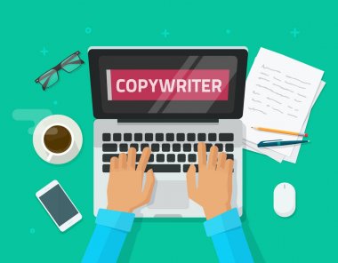 Yazma makale vektör çizim, düz karton işyeri tablo ve bilgisayar, kişi, copywriting metin üstünde perde, çalışma, bataklık yazar serbest yazar gazeteci yer fikrine dizüstü bilgisayarda çalışan metin yazarı