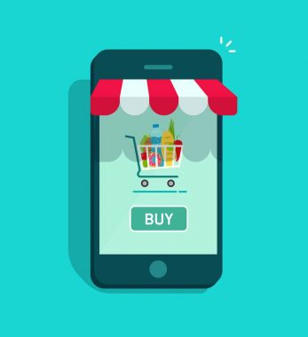 Mobil online mağaza vektör, alışveriş sepeti ile smartphone mağazası