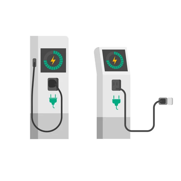 Elektro-Auto-Ladegerät Vektor Illustration, flache Cartoon-Ladestation für Elektrofahrzeuge mit Kabel isoliert — Stockvektor