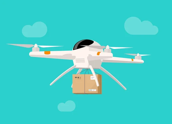 Entrega de drones voando no céu transporte pacote caixa vetor ilustração — Vetor de Stock