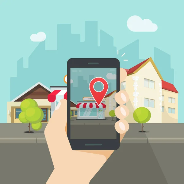 Realidade aumentada no telefone celular, localização de rua popular virtual no smartphone, ponto de navegação —  Vetores de Stock