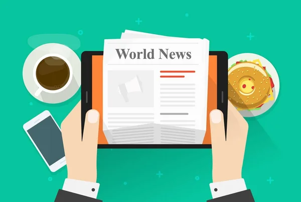 Newspaper on tablet vector illustration, flat cartoon person hands reading world news magazine on electronic device, idea of coffee break or lunch, business breakfast table top view Stock Vector