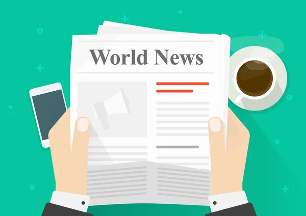 Krant in handen vector afbeelding, flat cartoon persoon lezen van nieuws in de krant terwijl koffiepauze bovenaanzicht, dagelijkse press aankondiging ontwerp — Stockvector