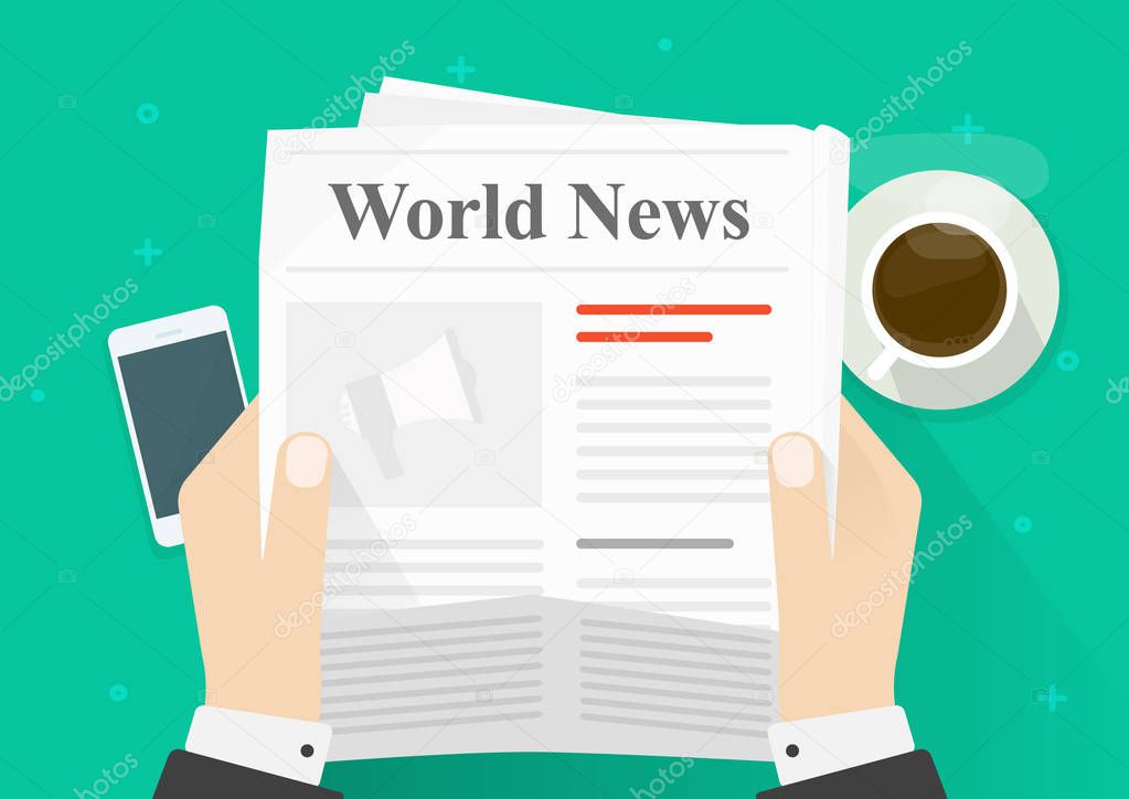 Newspaper in hands vector illustration, flat cartoon person reading news in newspaper while coffee break top view, daily press announcement design