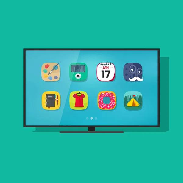 Smart-TV-Vecto, Flachbildfernseher mit Technologie-App-Symbolen — Stockvektor