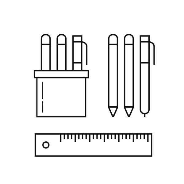 Uppsättning av pennor, linjal och markör i hållare vektor — Stock vektor