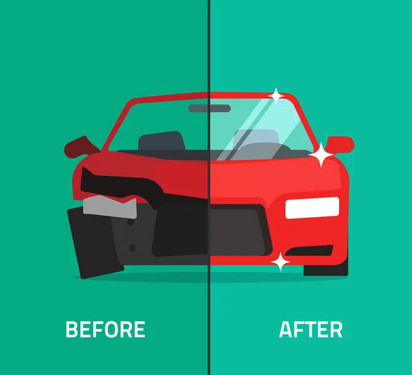 Car before after, crashed, broken and repaired auto maintenance service — Stock Vector