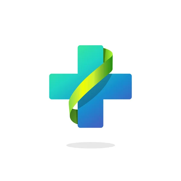 Blaues medizinisches Kreuz-Vektor-Logo, Apothekensymbol mit grünem Band — Stockvektor