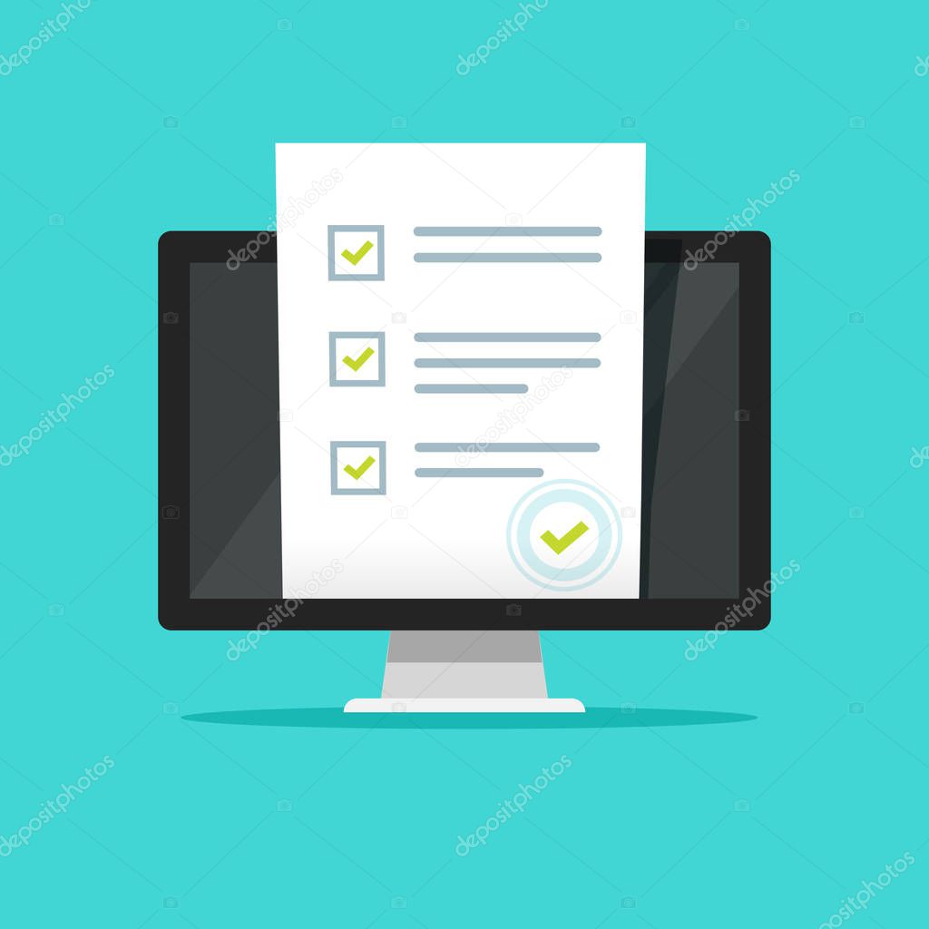 Online form survey on pc computer vector illustration, flat cartoon design monitor display showing quiz exam paper sheet document, concept of electronic voting on internet, web learning