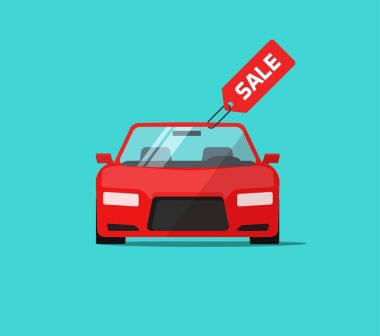 Araba ya da auto satış vektör çizim, düz çizgi film tasarım otomobil satış etiketi ile fikir kira veya hizmet promosyon etiket, bayilik afiş kavramı satın