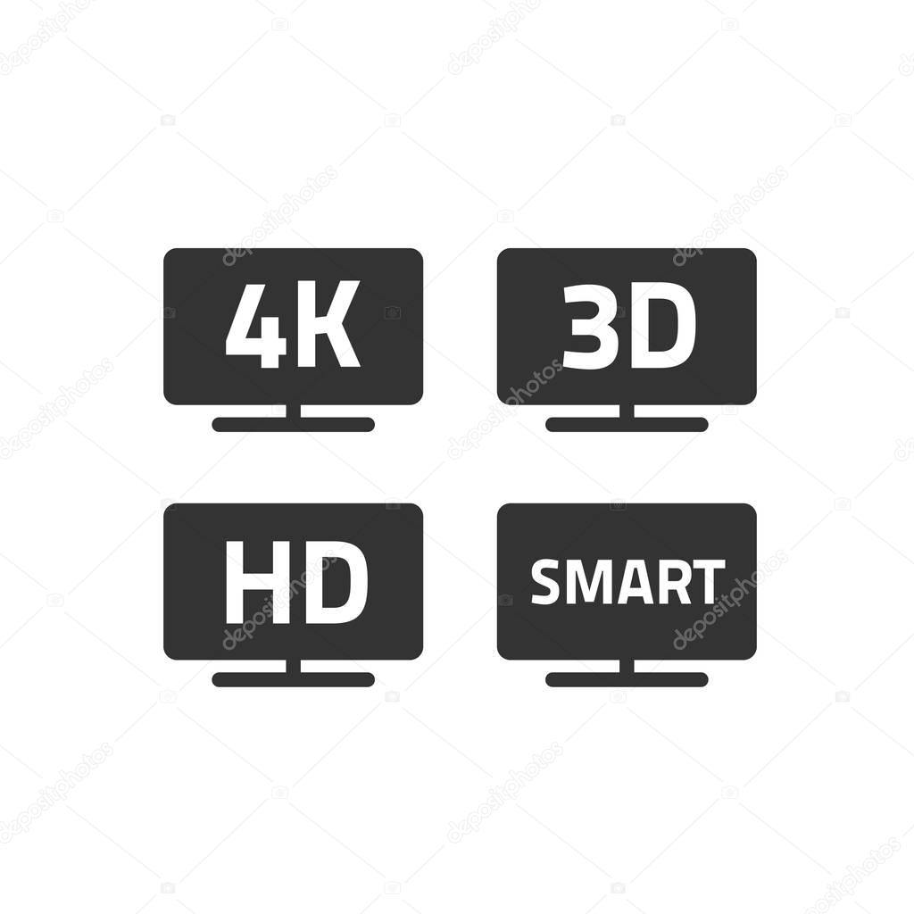 4k ultra hd tv and full hd television icons set line outline, black and white hd video emblem label for lcd or led tv flat screen isolated on white, 3d or smart TV signs