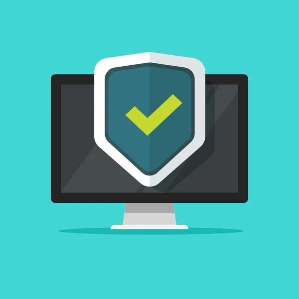 Ilustración vectorial de seguridad informática, PC de escritorio de dibujos animados planos con bloqueo cerrado, concepto de protección de firewall, acceso a la privacidad, datos privados, servicio o sistema de seguridad — Vector de stock