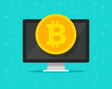 Bitcoin sikke üzerinde bilgisayar vektör çizim, düz çizgi film cryptocurrency madencilik, bitcoin elektronik para cüzdanı, e-cüzdan para, internet blockchain para kavramı