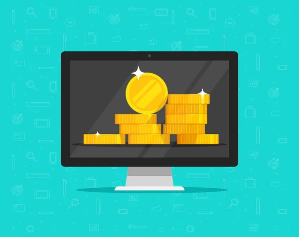 Dinero de la computadora en el vector de pantalla, dibujos animados planos de PC con gran pila de monedas de oro, idea de las finanzas en línea, ganancias digitales, billetera bancaria electrónica, riqueza o ahorros en línea, ganar premio mayor o fortuna — Vector de stock