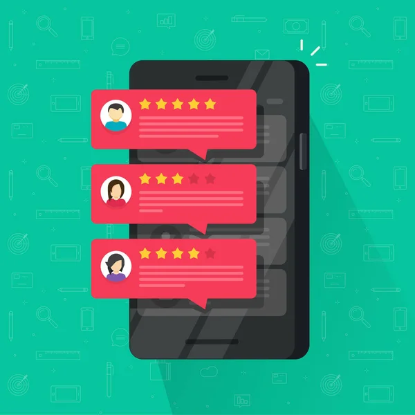 Kabarcık cep telefonu vektör çizim üzerinde değerlendirme değerlendirmeleri, düz smartphone bir daha gözden geçirme yıldız iyi ve kötü oranı ve metin, Görüşler mesaj bildirimleri, müşteri görüşleri kavramı ile