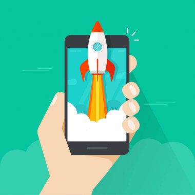 Başlangıç vektör kavramı, düz stil hızlı Roket fırlatma ve cep telefonu veya el smartphone, fikri başarılı işe başlamak proje, alttan yukarıya ittirmek teknoloji, İnovasyon stratejisi