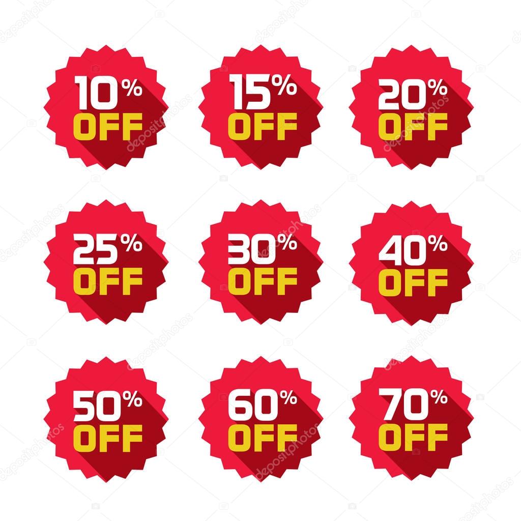 Sale tags set vector badges template, 10 off, 15, 20, 25, 30, 40, 50, 60, 70 percent sale label symbols, discount promotion flat icon with long shadow, clearance sale sticker emblem red rosette