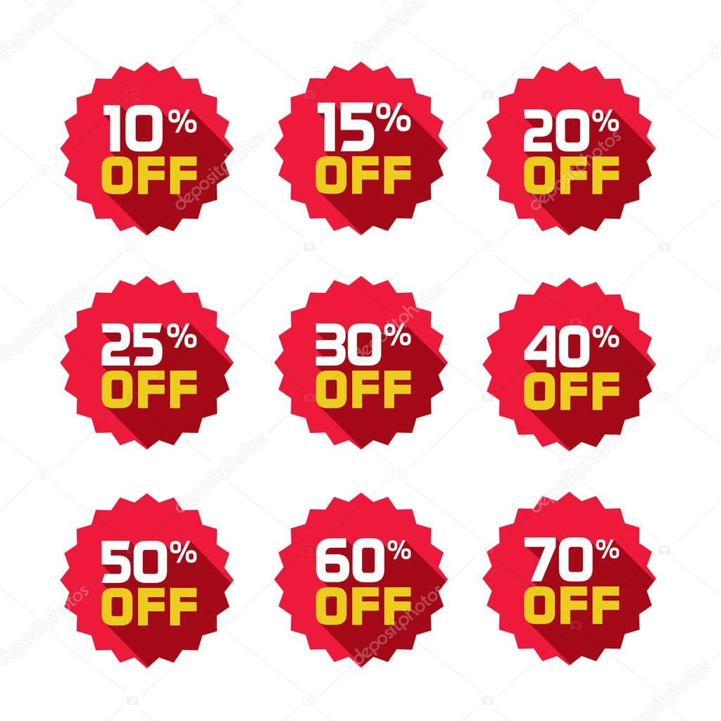 Sale tags set vector badges template, 10 off, 15, 20, 25, 30, 40, 50, 60, 70 percent sale label symbols, discount promotion flat icon long shadow, clearance sale sticker emblem red rosette