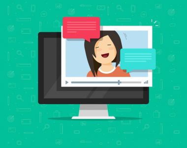 Bilgisayar vektör çizim üzerinde sohbet online video video oynatıcı pencere konuşan mutlu kız ile düz ve okul sırası pc, çevrimiçi sohbet app, Internet talk kavramı iletilerde konuşmalar kabarcık
