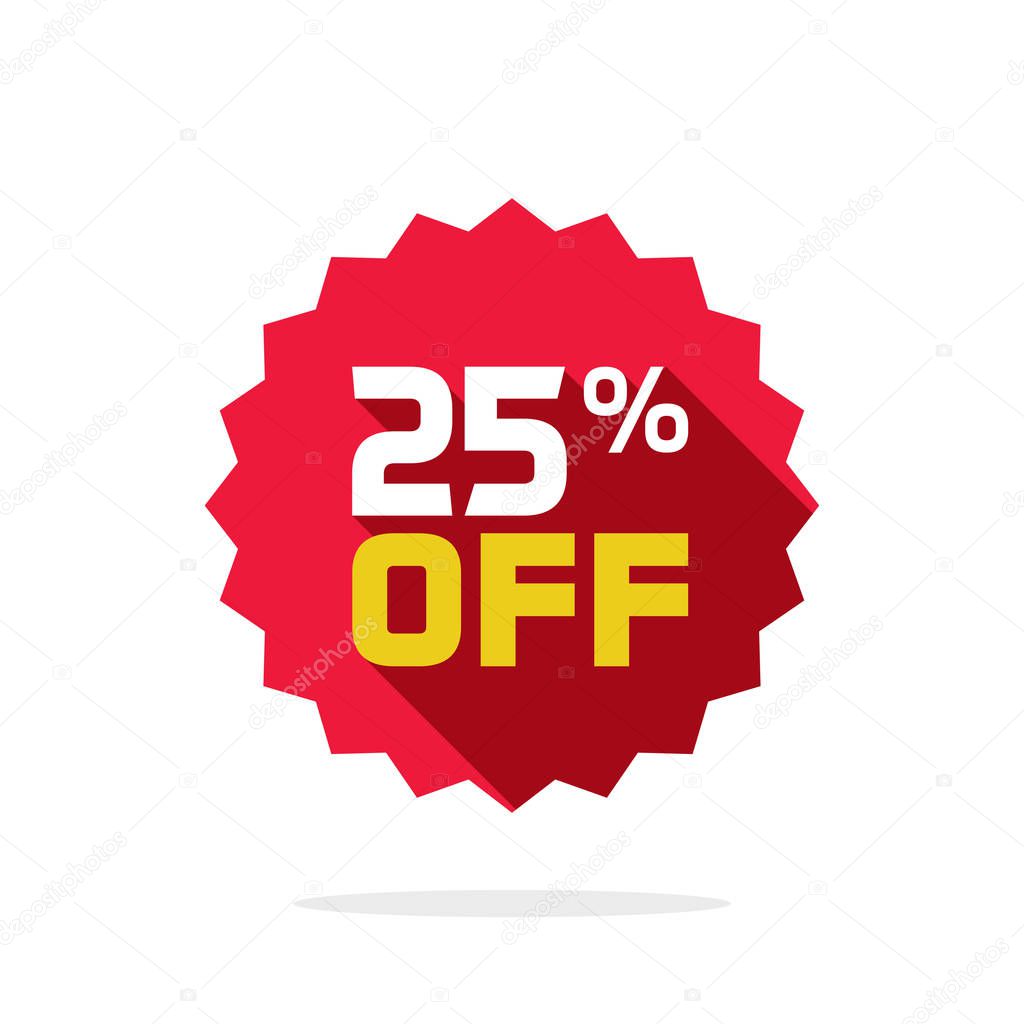 Sale tag vector badge template, 25 percent off sale label symbol, 25 discount promotion flat icon with long shadow, clearance sale sticker emblem, bargain red sign rosette design isolated on white