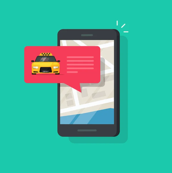 Online taxiservice på mobiltelefon vektorillustration isolerade, platt kartong stil av smartphone, taxibil i bubbla tal och karta läge destination — Stock vektor