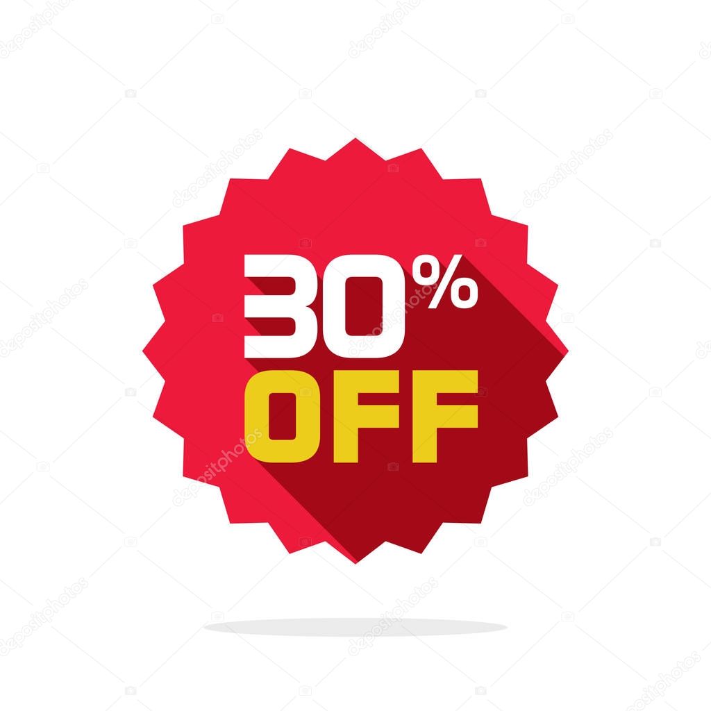 Sale tag vector badge template, 30 percent off sale label symbol, 30 discount promotion flat icon with long shadow, clearance sale sticker emblem, bargain red sign rosette design isolated on white