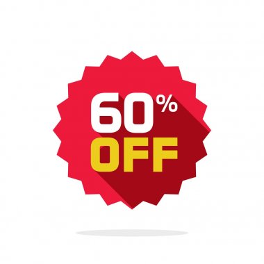 Satılık etiketi vektör rozet şablon, 60 oranında off Satılık etiket simgesi, uzun gölge, tasfiye satışı etiket amblemi, izole pazarlık kırmızı işaret rozet tasarım ile 60 indirim promosyon düz simgesi