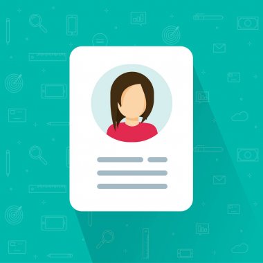 Kişisel bilgi simge vektör illüstrasyon izole, düz çizgi film kullanıcı veya profil kartı ayrıntıları sembolü, benim hesap piktogram fikir, kimlik belgesi ile kişi fotoğraf ve metin