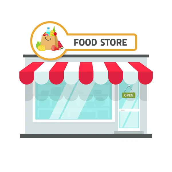 Food winkel bouwen vectorillustratie, kruidenier winkel gevel storefront — Stockvector