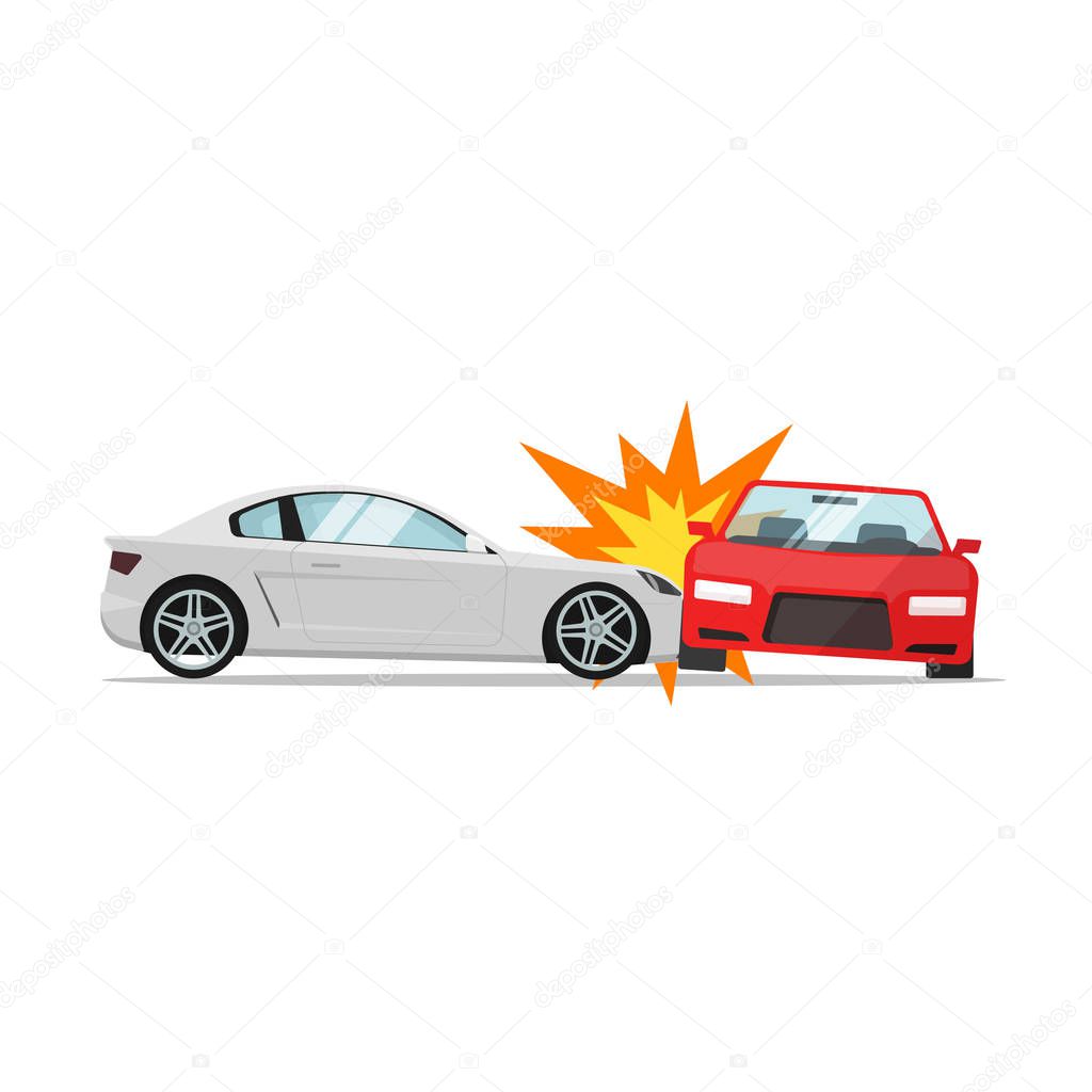Car crash vector, two automobiles collision, auto accident scene