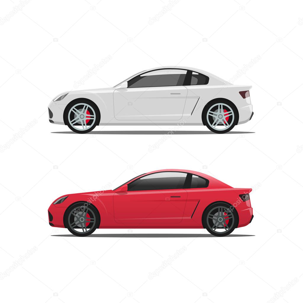 Car side view, auto vector, white red cars icons, automobiles