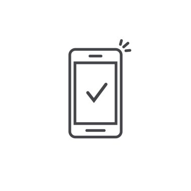 Vektör akıllı telefon ve onay işareti simgesini, cep telefonu, Evet ya da olumlu oy kabul edilen, tam eylem satırı anahat sanat cep telefonu onaylı kene bildirim, başarılı güncelleştirme onay işareti